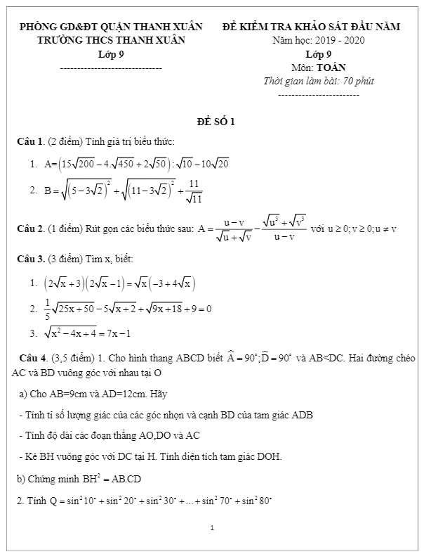 Đề khảo sát đầu năm Toán 9 năm 2019 – 2020 trường Thanh Xuân – Hà Nội