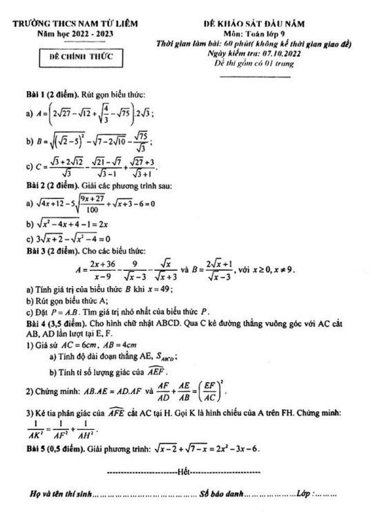Đề khảo sát đầu năm Toán 9 năm 2022 – 2023 trường THCS Nam Từ Liêm – Hà Nội