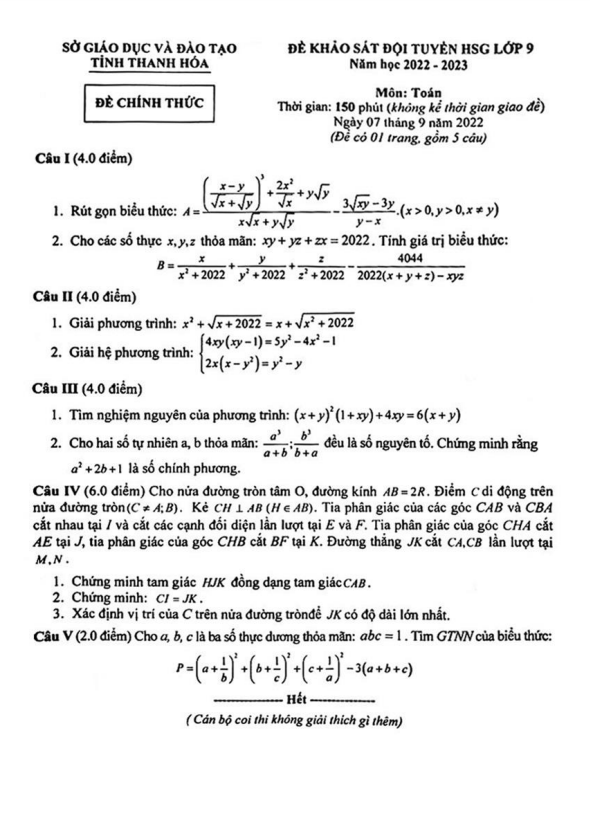 Đề khảo sát đội tuyển HSG Toán 9 năm 2022 – 2023 sở GD&ĐT Thanh Hóa