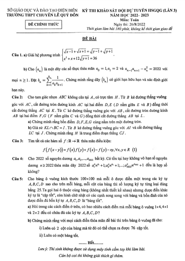 Đề khảo sát đội tuyển HSGQG Toán năm 2022 – 2023 chuyên Lê Quý Đôn – Điện Biên