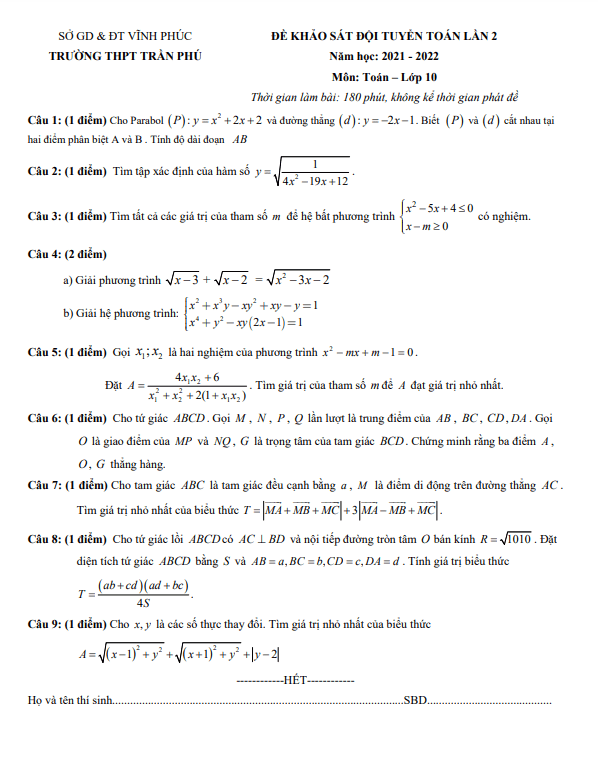 Đề khảo sát đội tuyển Toán 10 lần 2 năm 2021 – 2022 trường THPT Trần Phú – Vĩnh Phúc