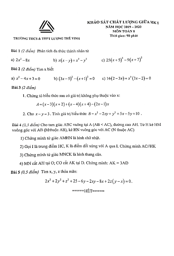 Đề khảo sát giữa HK1 Toán 8 năm 2019 – 2020 trường Lương Thế Vinh – Hà Nội