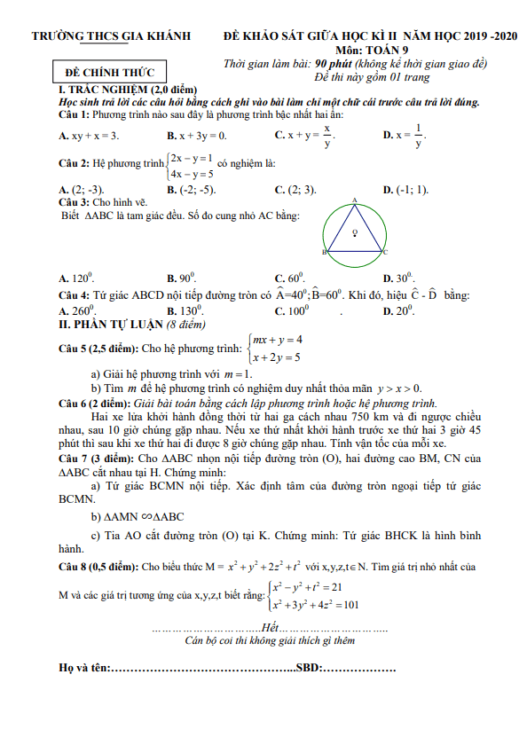 Đề khảo sát giữa kỳ 2 Toán 9 năm 2019 – 2020 trường THCS Gia Khánh – Vĩnh Phúc