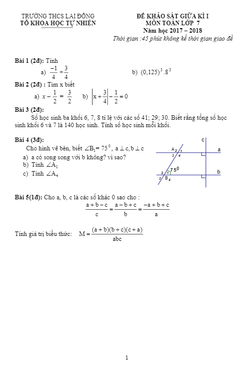 Đề khảo sát giữa kỳ I môn Toán 7 năm học 2017 – 2018 trường THCS Lai Đồng – Phú Thọ