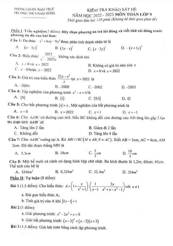 Đề khảo sát hè Toán 9 năm 2022 – 2023 trường THCS Nam Hồng – Nam Định
