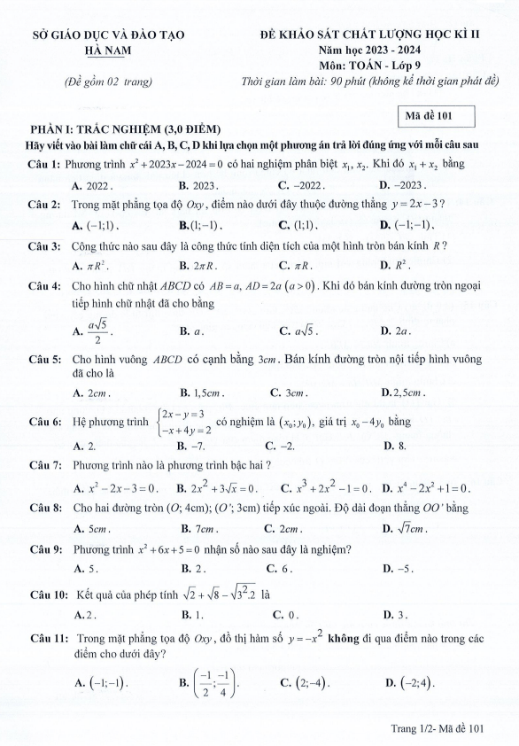 Đề khảo sát học kì 2 Toán 9 năm 2023 – 2024 sở GD&ĐT Hà Nam