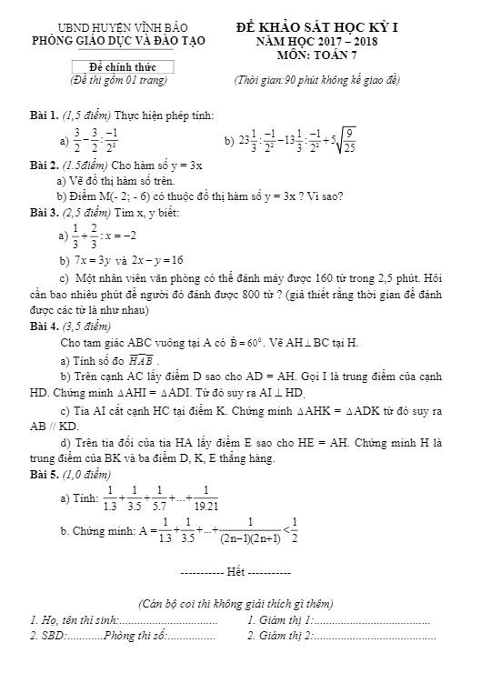 Đề khảo sát học kỳ 1 Toán 7 năm học 2017 – 2018 phòng GD và ĐT Vĩnh Bảo – Hải Phòng