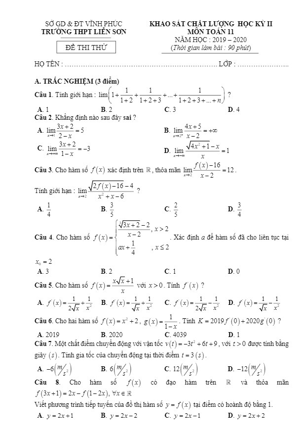 Đề khảo sát học kỳ 2 Toán 11 năm 2019 – 2020 trường THPT Liễn Sơn – Vĩnh Phúc