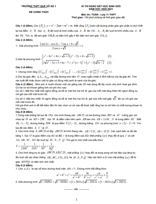 Đề khảo sát học sinh giỏi Toán 11 năm 2020 – 2021 trường THPT Quế Võ 1 – Bắc Ninh
