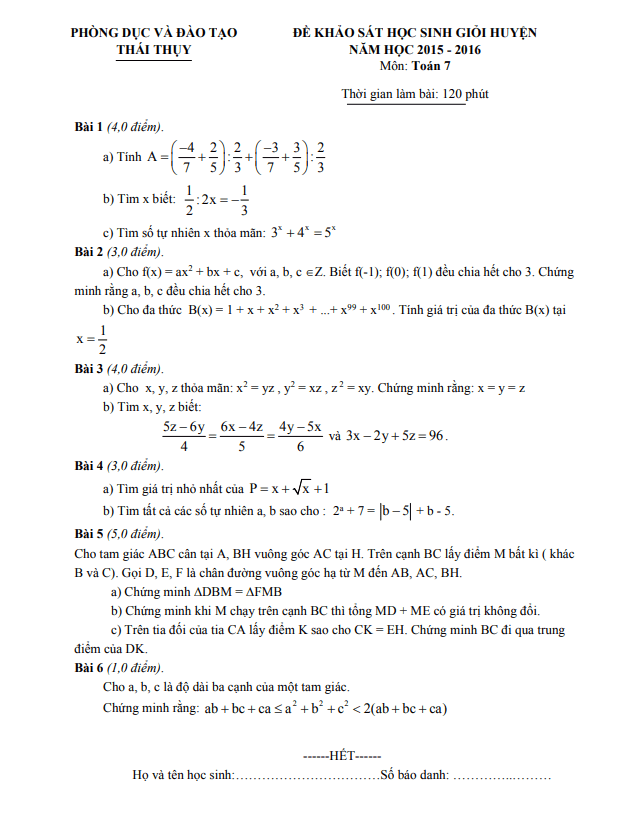 Đề khảo sát HSG huyện Toán 7 năm 2015 – 2016 phòng GD&ĐT Thái Thụy – Thái Bình