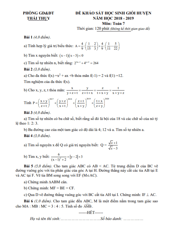 Đề khảo sát HSG huyện Toán 7 năm 2018 – 2019 phòng GD&ĐT Thái Thụy – Thái Bình
