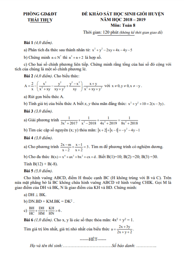 Đề khảo sát HSG huyện Toán 8 năm 2018 – 2019 phòng GD&ĐT Thái Thụy – Thái Bình