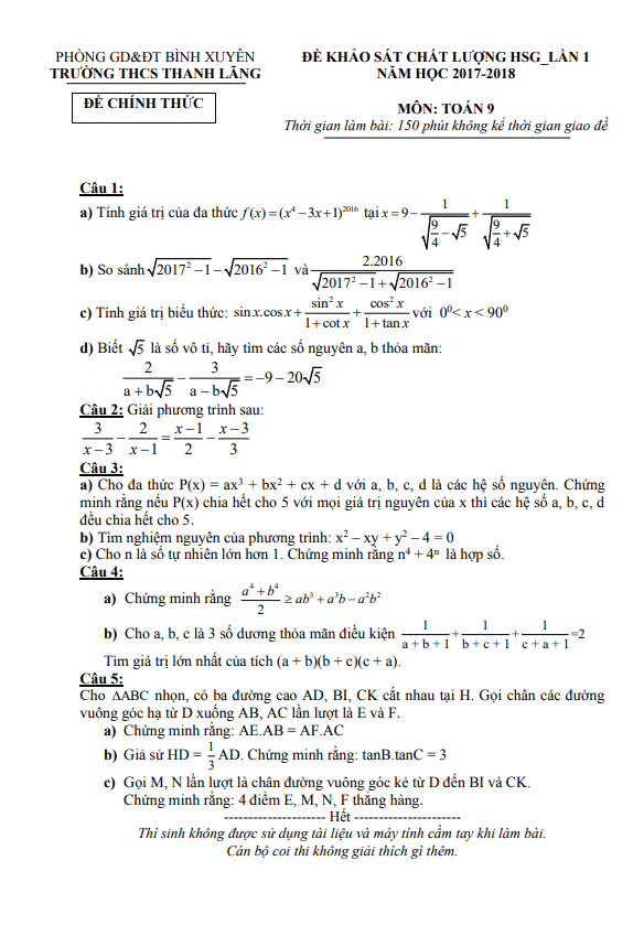 Đề khảo sát HSG lần 1 Toán 9 năm 2017 – 2018 trường THCS Thanh Lãng – Vĩnh Phúc