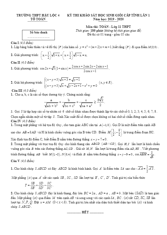 Đề khảo sát HSG Toán 11 lần 1 năm 2019 – 2020 trường Hậu Lộc 4 – Thanh Hóa