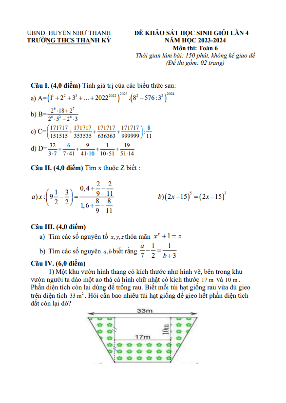 Đề khảo sát HSG Toán 6 lần 4 năm 2023 – 2024 trường THCS Thanh Kỳ – Thanh Hóa