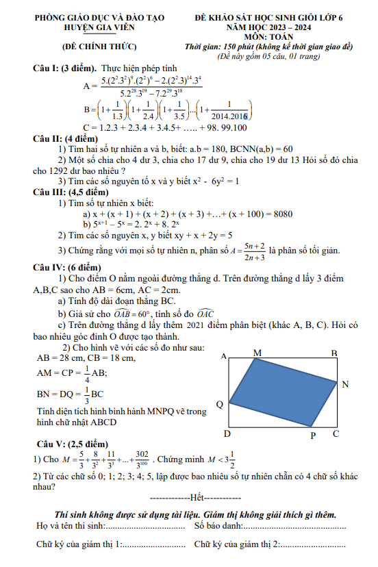 Đề khảo sát HSG Toán 6 năm 2023 – 2024 phòng GD&ĐT Gia Viễn – Ninh Bình