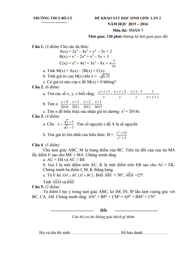Đề khảo sát HSG Toán 7 lần 2 năm 2015 – 2016 trường THCS Bồ Lý – Vĩnh Phúc