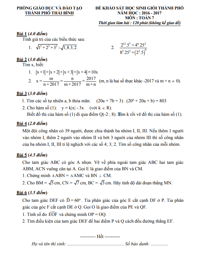 Đề khảo sát HSG Toán 7 năm 2016 – 2017 phòng GD&ĐT thành phố Thái Bình
