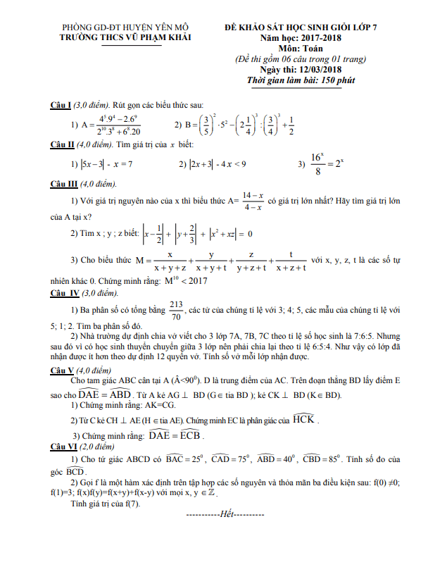 Đề khảo sát HSG Toán 7 năm 2017 – 2018 trường THCS Vũ Phạm Khải – Ninh Bình