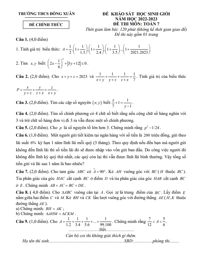 Đề khảo sát HSG Toán 7 năm 2022 – 2023 trường THCS Đồng Xuân – Vĩnh Phúc