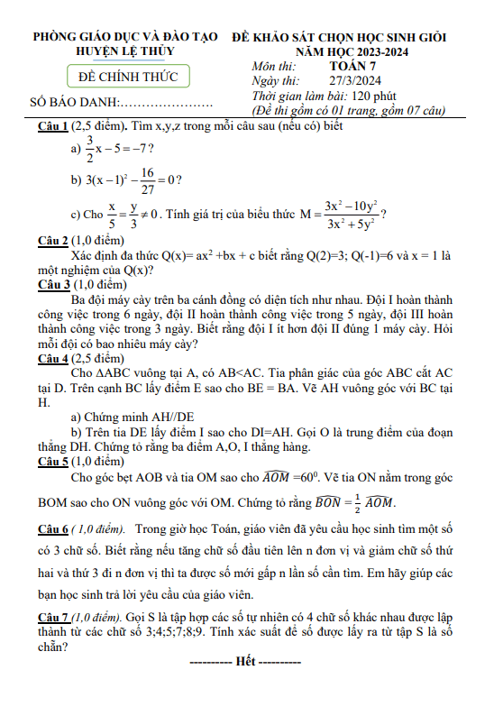 Đề khảo sát HSG Toán 7 năm 2023 – 2024 phòng GD&ĐT Lệ Thủy – Quảng Bình