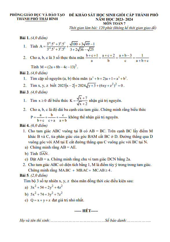 Đề khảo sát HSG Toán 7 năm 2023 – 2024 phòng GD&ĐT thành phố Thái Bình