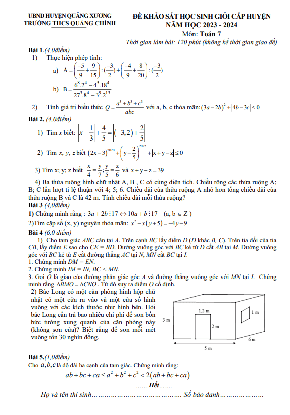 Đề khảo sát HSG Toán 7 năm 2023 – 2024 trường THCS Quảng Chính – Thanh Hóa