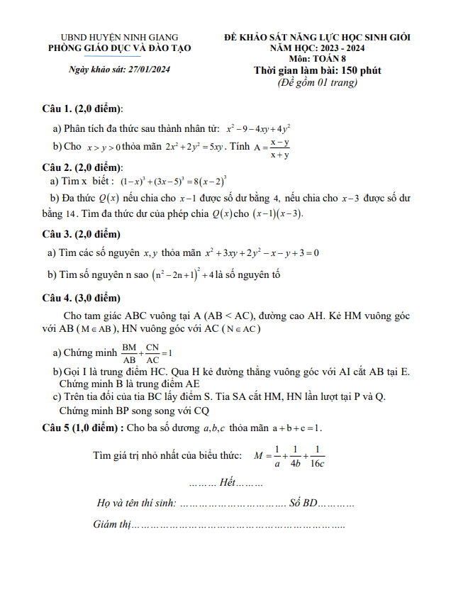 Đề khảo sát HSG Toán 8 năm 2023 – 2024 phòng GD&ĐT Ninh Giang – Hải Dương