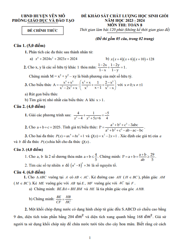 Đề khảo sát HSG Toán 8 năm 2023 – 2024 phòng GD&ĐT Yên Mô – Ninh Bình
