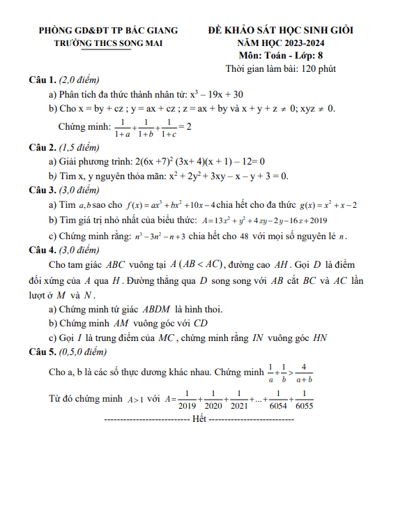 Đề khảo sát HSG Toán 8 năm 2023 – 2024 trường THCS Song Mai – Bắc Giang