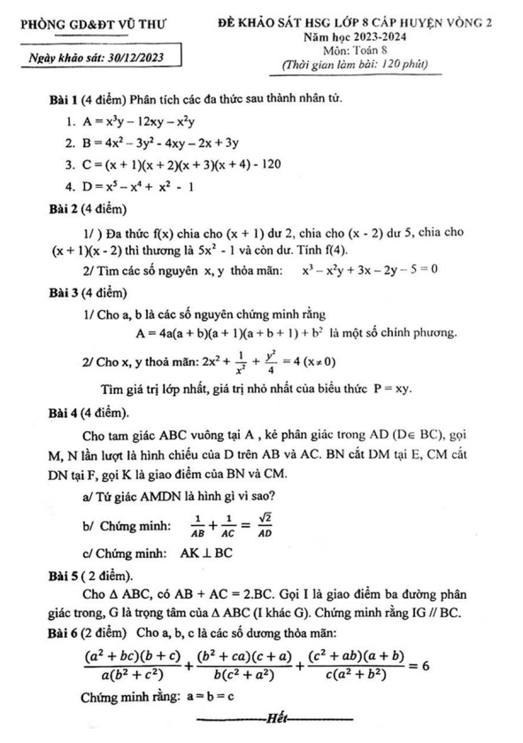 Đề khảo sát HSG Toán 8 vòng 2 năm 2023 – 2024 phòng GD&ĐT Vũ Thư – Thái Bình