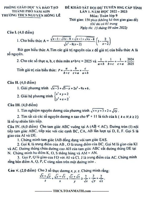 Đề khảo sát HSG Toán 9 lần 1 năm 2022 – 2023 trường THCS Nguyễn Hồng Lễ – Thanh Hóa