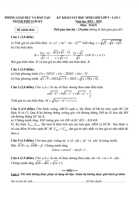 Đề khảo sát HSG Toán 9 lần 1 năm 2023 – 2024 phòng GD&ĐT Tam Kỳ – Quảng Nam