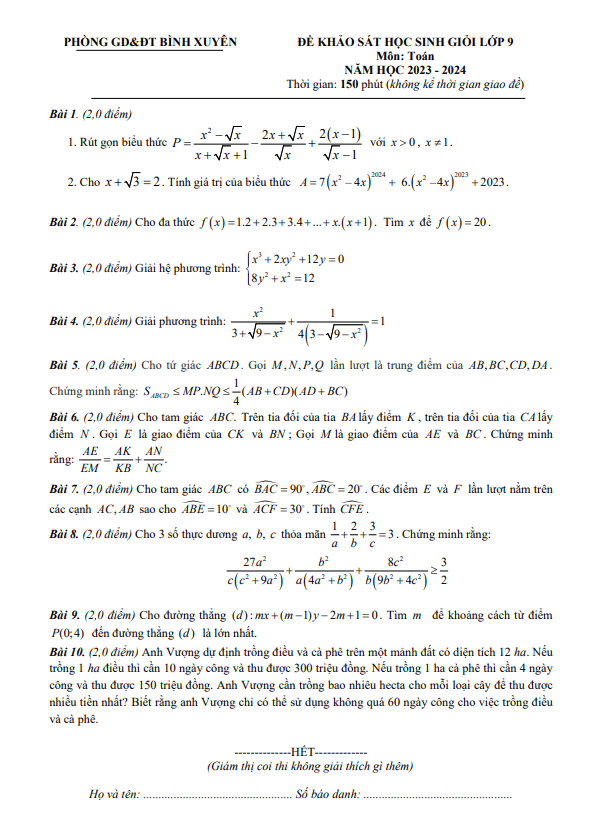 Đề khảo sát HSG Toán 9 lần 2 năm 2023 – 2024 phòng GD&ĐT Bình Xuyên – Vĩnh Phúc