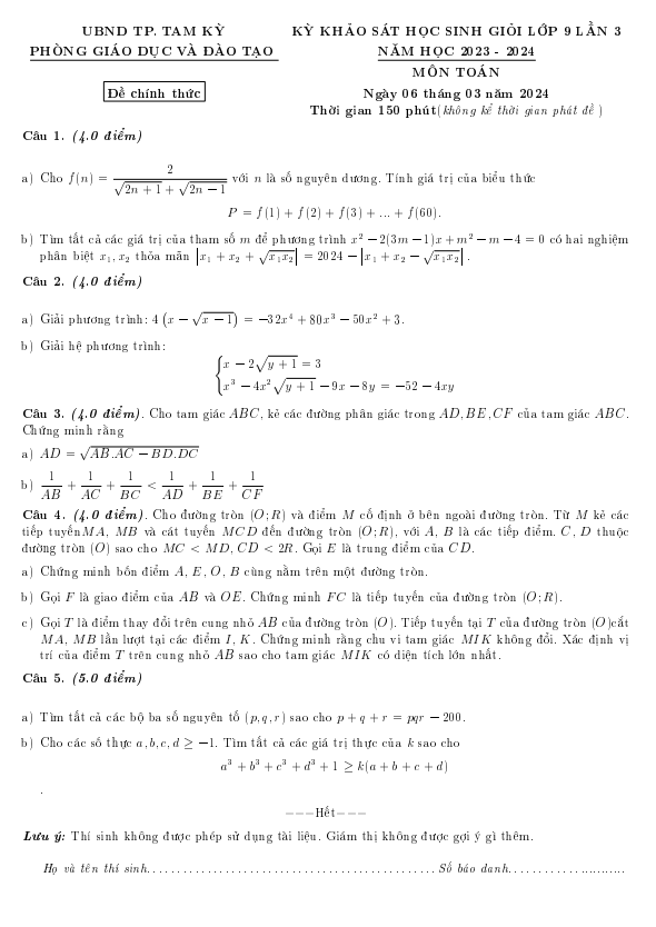 Đề khảo sát HSG Toán 9 lần 3 năm 2023 – 2024 phòng GD&ĐT Tam Kỳ – Quảng Nam