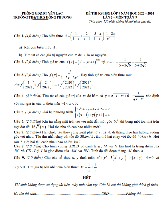 Đề khảo sát HSG Toán 9 lần 3 năm 2023 – 2024 trường Hồng Phương – Vĩnh Phúc