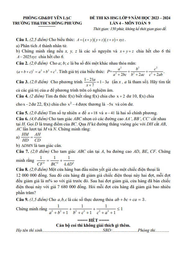Đề khảo sát HSG Toán 9 lần 4 năm 2023 – 2024 trường Hồng Phương – Vĩnh Phúc
