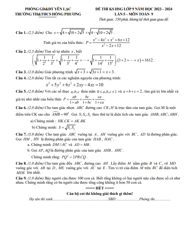 Đề khảo sát HSG Toán 9 lần 5 năm 2023 – 2024 trường Hồng Phương – Vĩnh Phúc