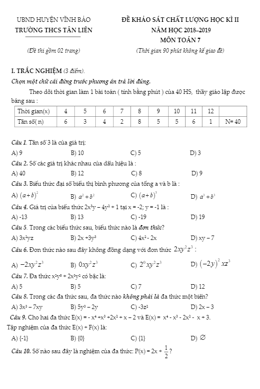 Đề khảo sát kì 2 Toán 7 năm 2018 – 2019 trường THCS Tân Liên – Hải Phòng