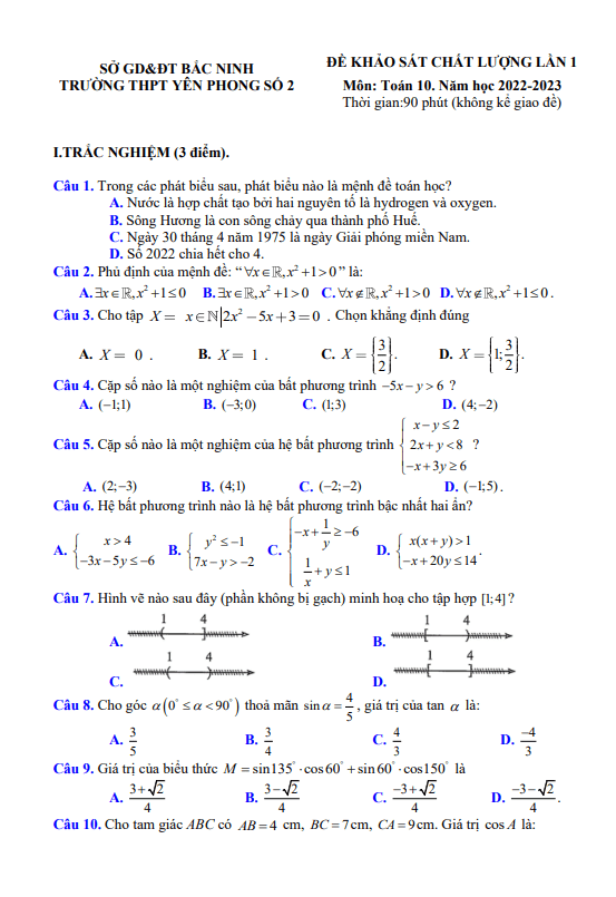 Đề khảo sát lần 1 Toán 10 năm 2022 – 2023 trường THPT Yên Phong 2 – Bắc Ninh