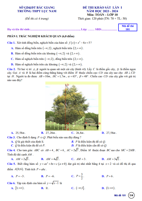 Đề khảo sát lần 1 Toán 10 năm 2023 – 2024 trường THPT Lục Nam – Bắc Giang