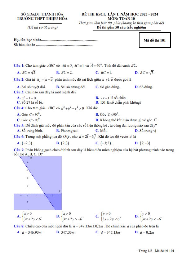 Đề khảo sát lần 1 Toán 10 năm 2023 – 2024 trường THPT Thiệu Hóa – Thanh Hóa