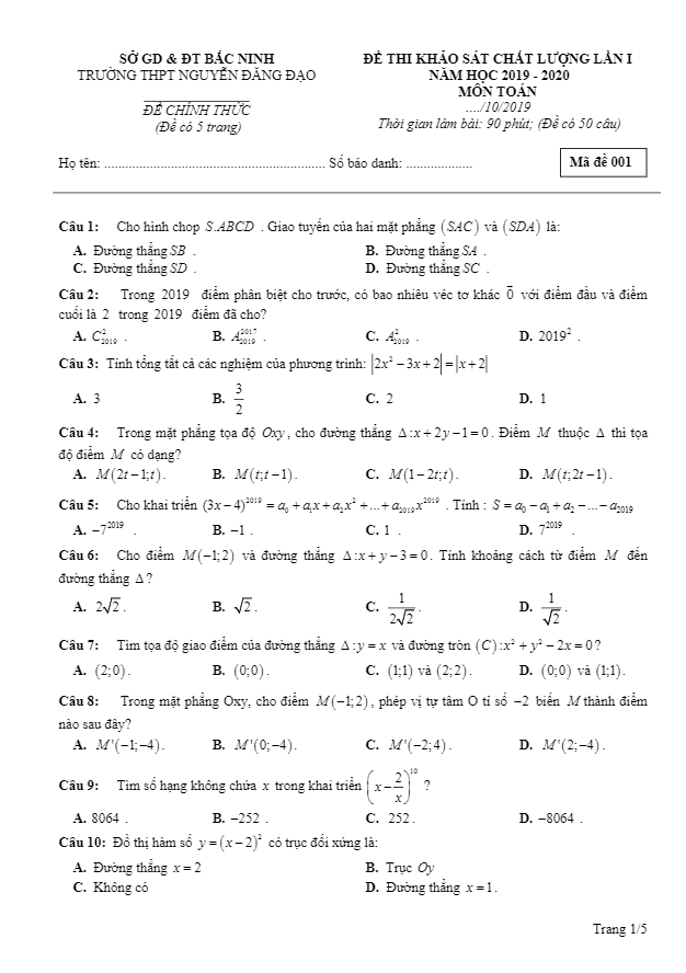 Đề khảo sát lần 1 Toán 11 năm 2019 – 2020 trường Nguyễn Đăng Đạo – Bắc Ninh