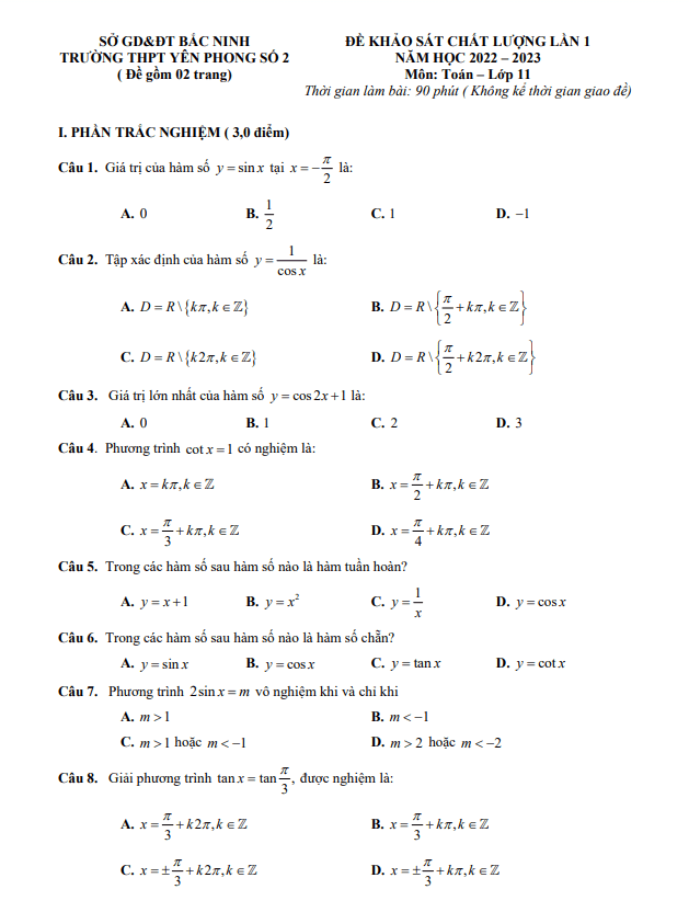 Đề khảo sát lần 1 Toán 11 năm 2022 – 2023 trường THPT Yên Phong 2 – Bắc Ninh