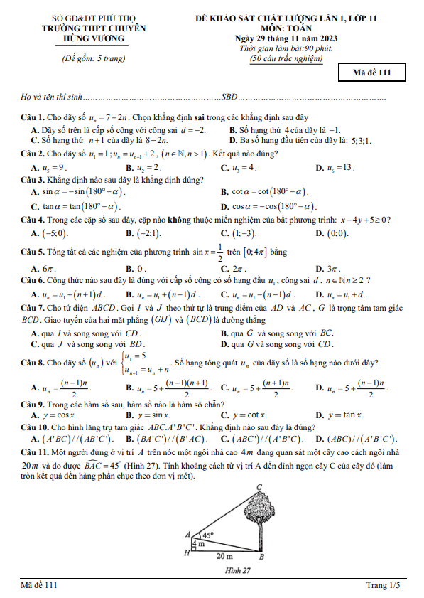 Đề khảo sát lần 1 Toán 11 năm 2023 – 2024 trường THPT chuyên Hùng Vương – Phú Thọ
