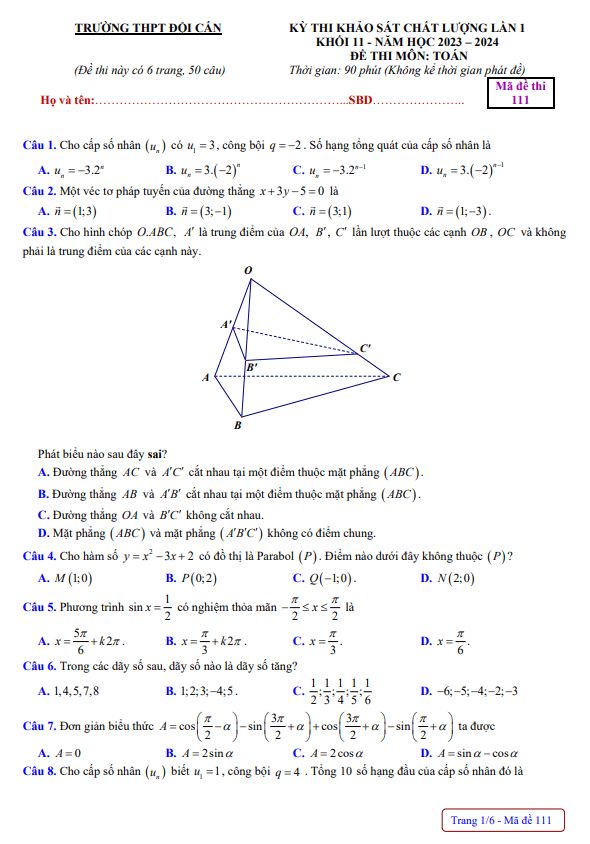 Đề khảo sát lần 1 Toán 11 năm 2023 – 2024 trường THPT Đội Cấn – Vĩnh Phúc
