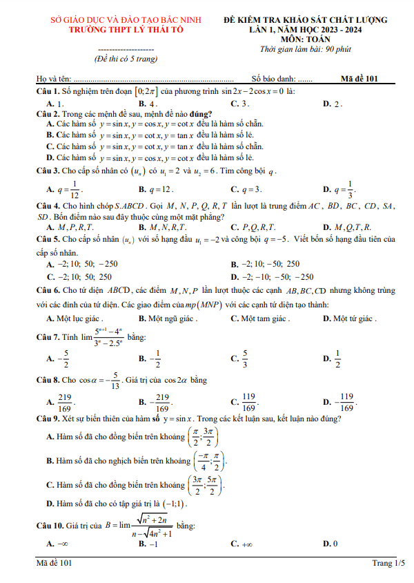 Đề khảo sát lần 1 Toán 11 năm 2023 – 2024 trường THPT Lý Thái Tổ – Bắc Ninh
