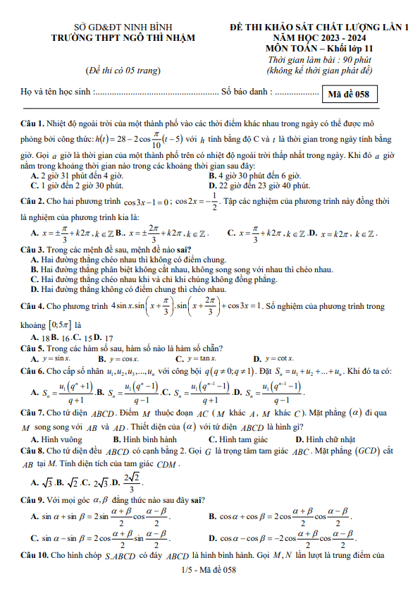 Đề khảo sát lần 1 Toán 11 năm 2023 – 2024 trường THPT Ngô Thì Nhậm – Ninh Bình