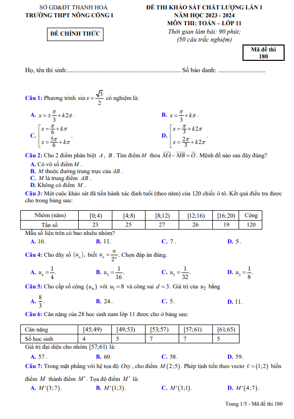 Đề khảo sát lần 1 Toán 11 năm 2023 – 2024 trường THPT Nông Cống 1 – Thanh Hóa