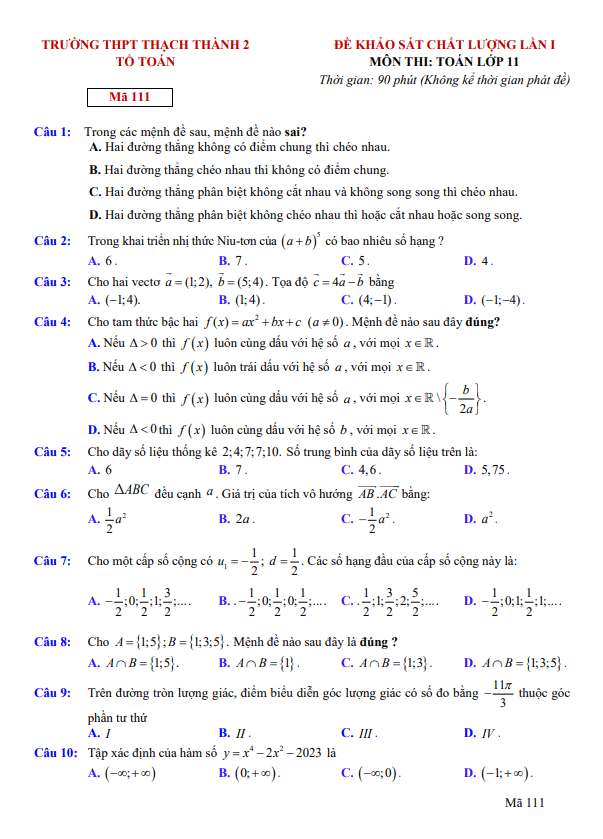 Đề khảo sát lần 1 Toán 11 năm 2023 – 2024 trường THPT Thạch Thành 2 – Thanh Hóa